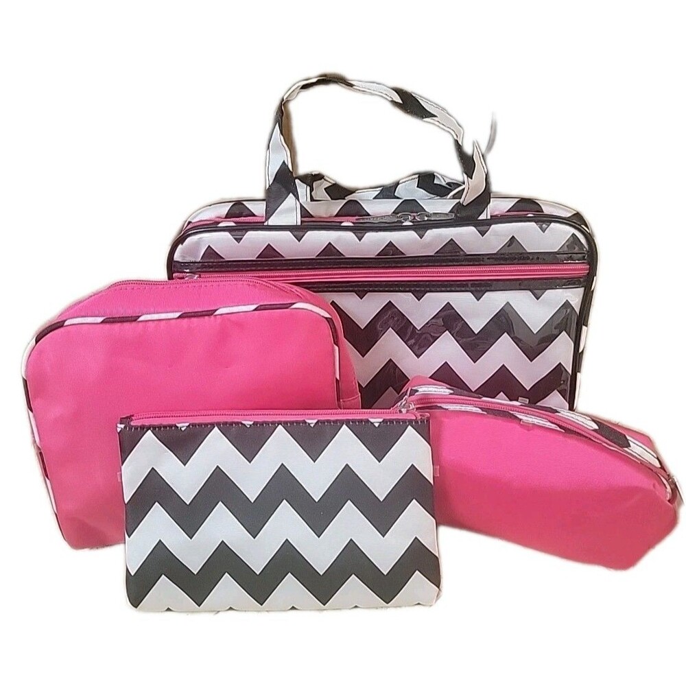 NWT 4‑Piece Makeup Travel Bag Set Pink & Black Chevron Cosmetic Organizer